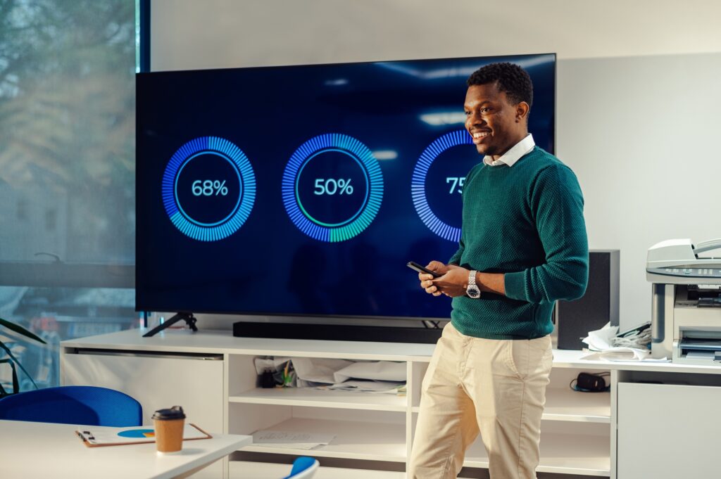 African american businessman team leader presenting the progress of the project